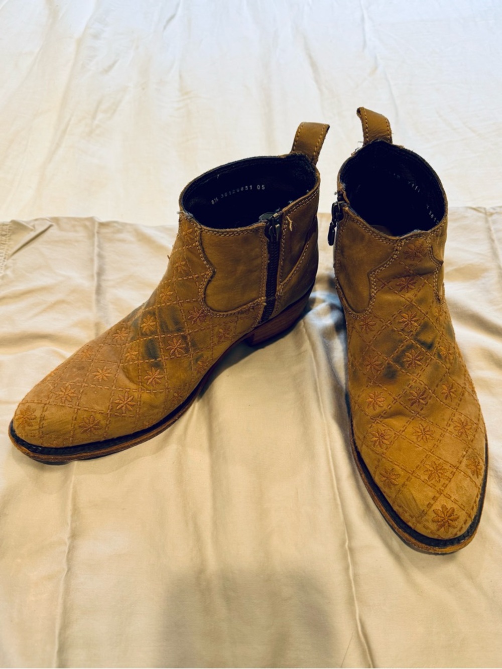 Sundance Tan Embroidered Suede Ankle Booties